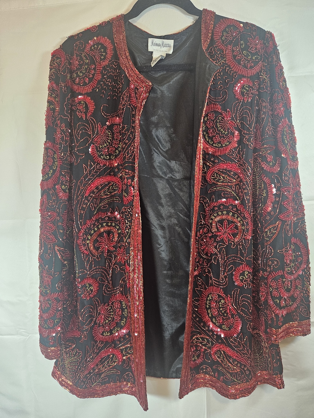 Vintage 80s Neiman Marcus Womens Black & Red Floral Beaded Evening Jacket